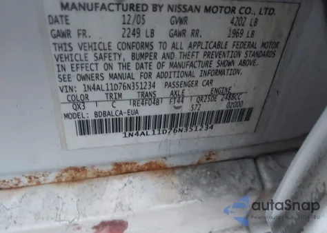 2006 Nissan Altima 2.5 S from USA, damaged, VIN 1N4AL11D76N351234